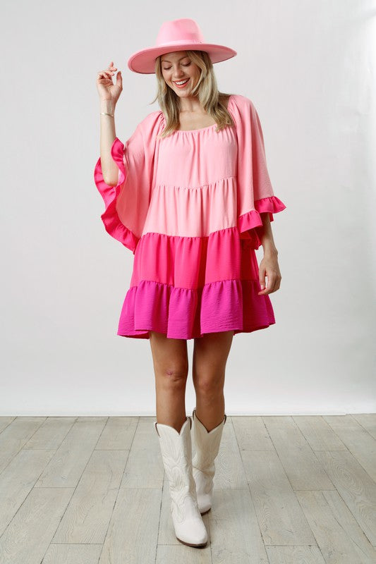 Pink Multi Color Block Flowy Dress