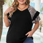 Black Leopard Ruffle Patchwork Sleeve Plus Size Summer Top
