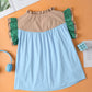 Mist Blue Colorblock Ruffled Sleeve Frill V Neck Blouse
