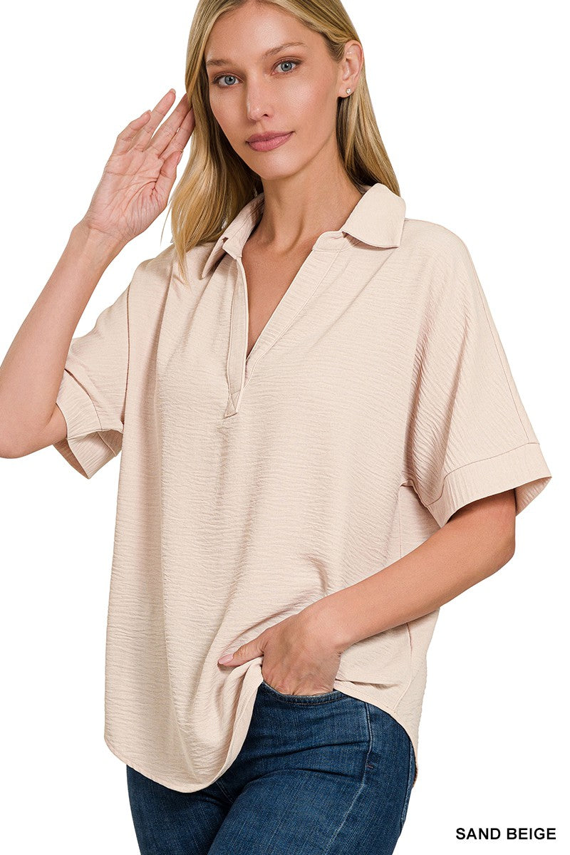 Sand Beige Woven Collared V Neck Top