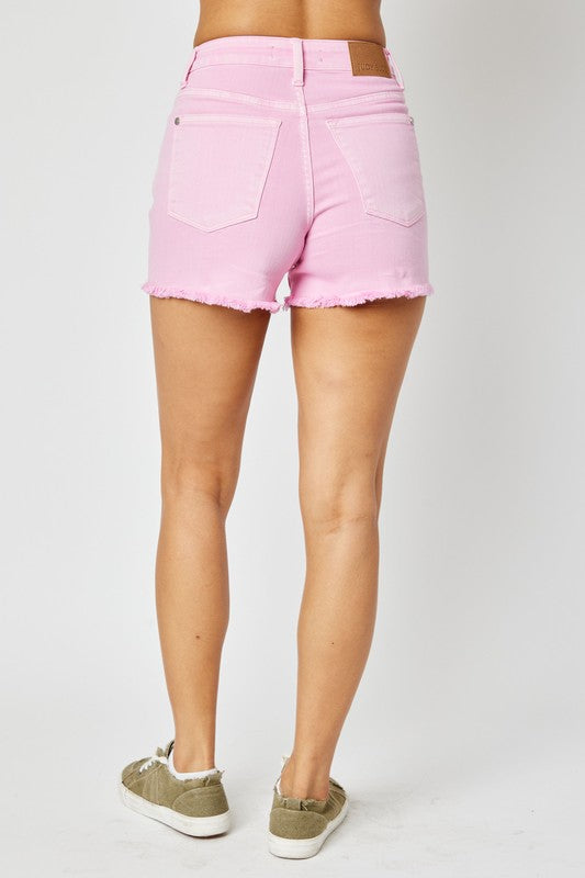 Pink Mid Rise Fray Hem Shorts
