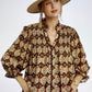 Boho Floral Medallion Print Split Neck Blouse