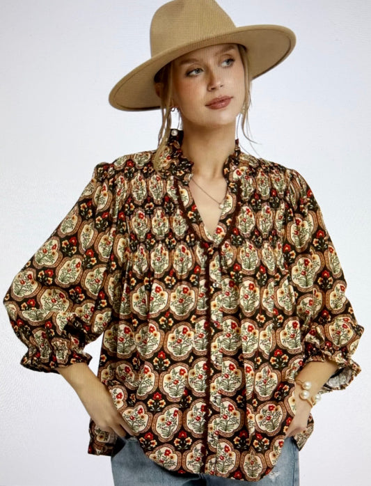 Boho Floral Medallion Print Split Neck Blouse