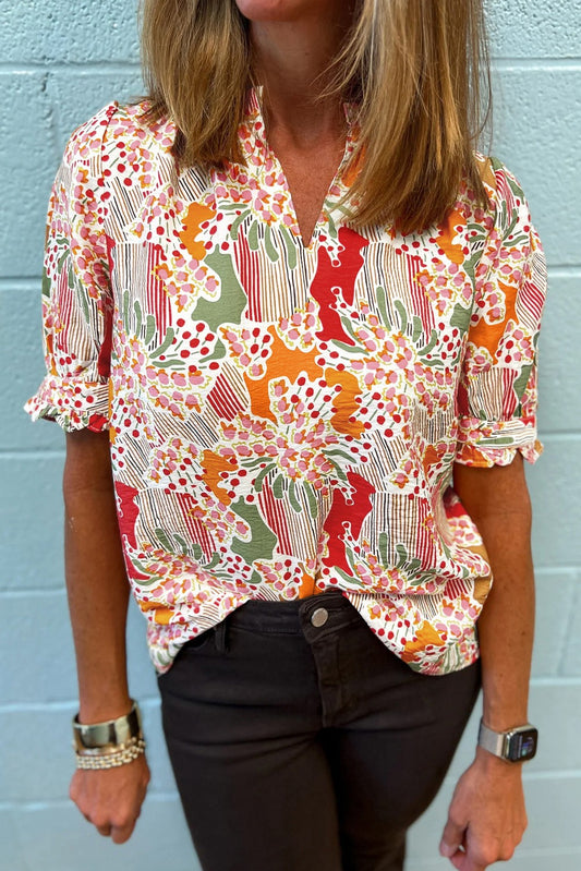 Abstract Print Frilled Short Sleeve Blouse