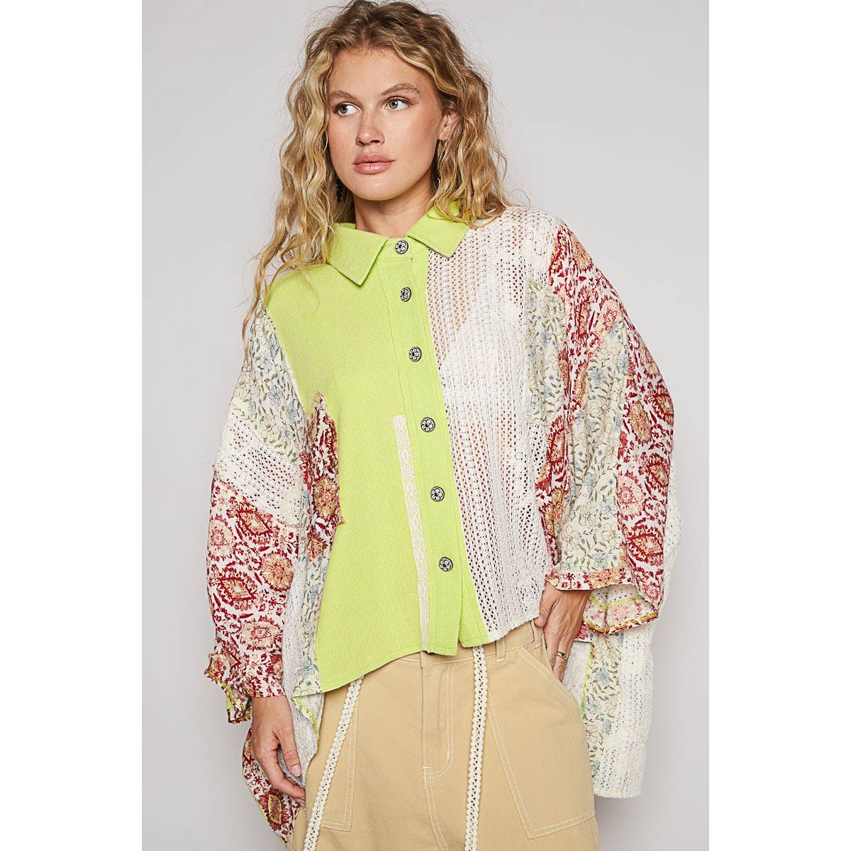 Oversize long sleeve crochet lace contrast top SALE