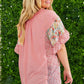Plus Size Pink Floral Patchwork Ruffled Short Sleeve Blouse