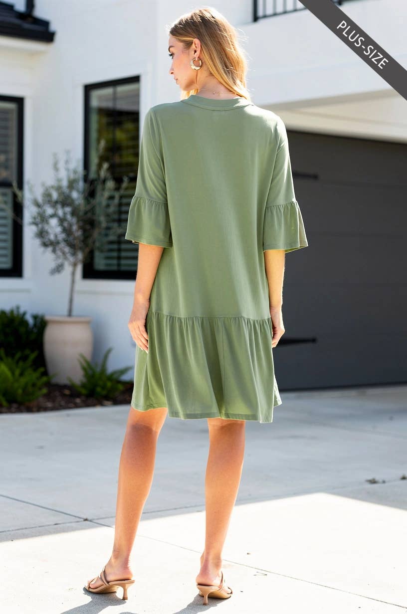 Wrinkle Free Shirred Tiered Relaxed 3/4 Sleeve Dress