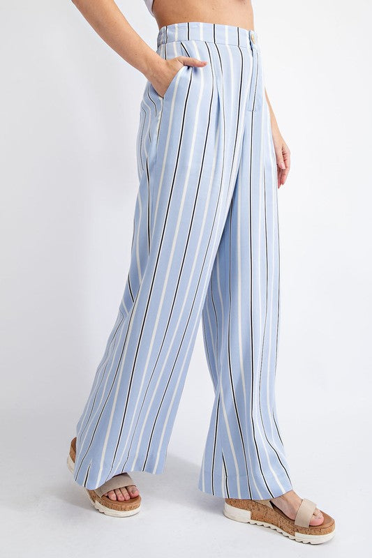 Light Blue Striped High Waist Wide Leg Pants with Pockets