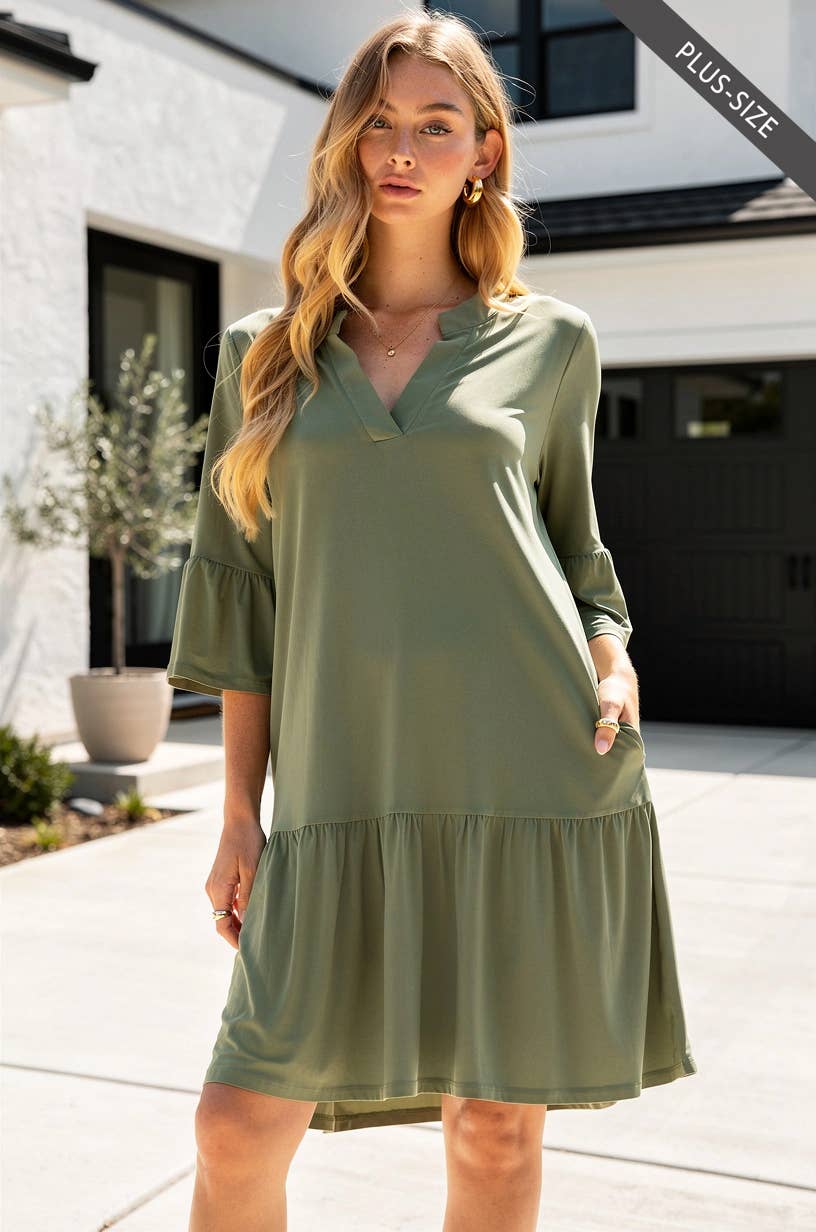 Wrinkle Free Shirred Tiered Relaxed 3/4 Sleeve Dress