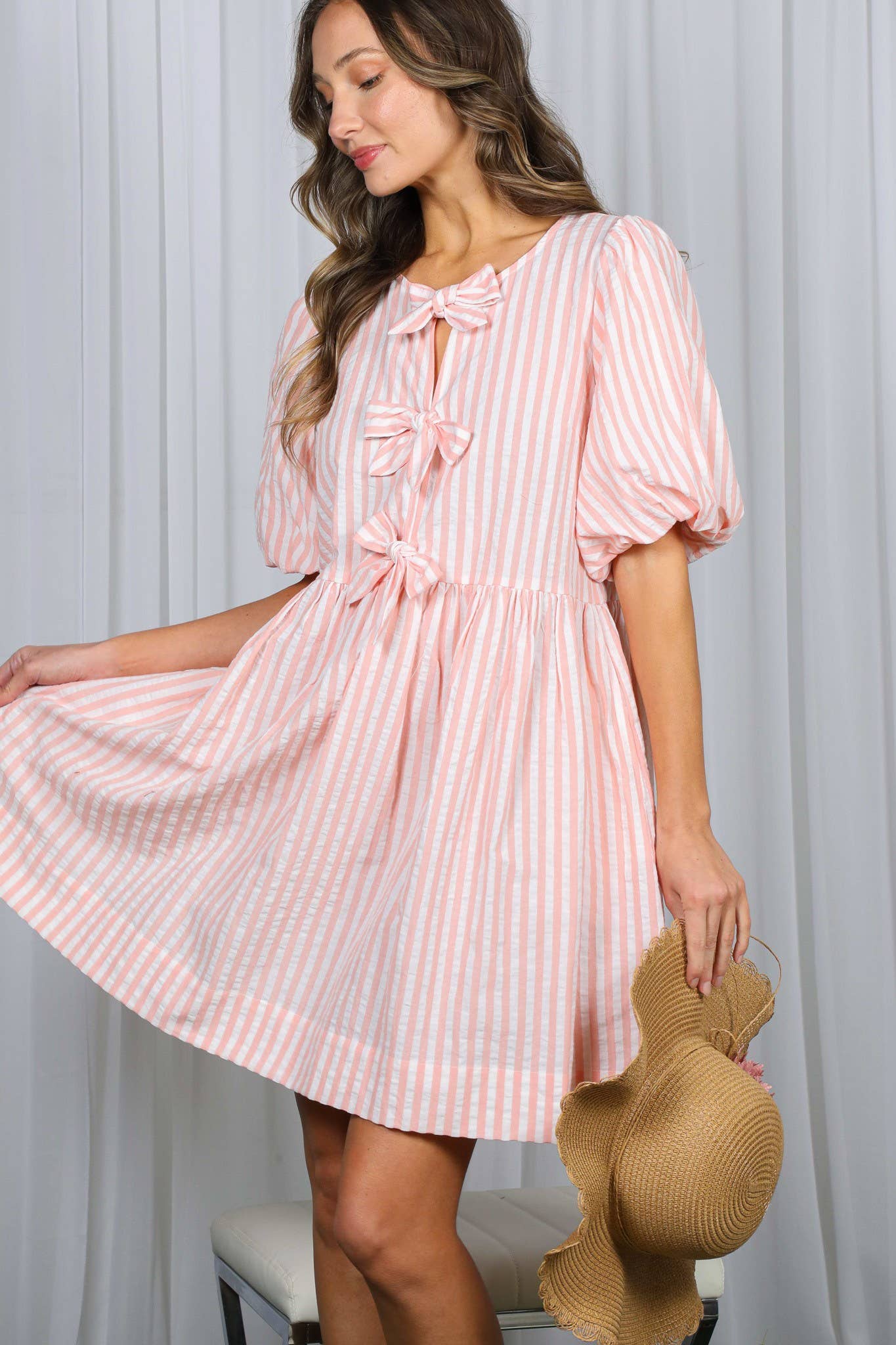 Bow Tie Front Striped Baby Doll Mini Dress VD82683
