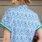 Abstract Zip Neck Contrast Short Sleeve Casual Blouse
