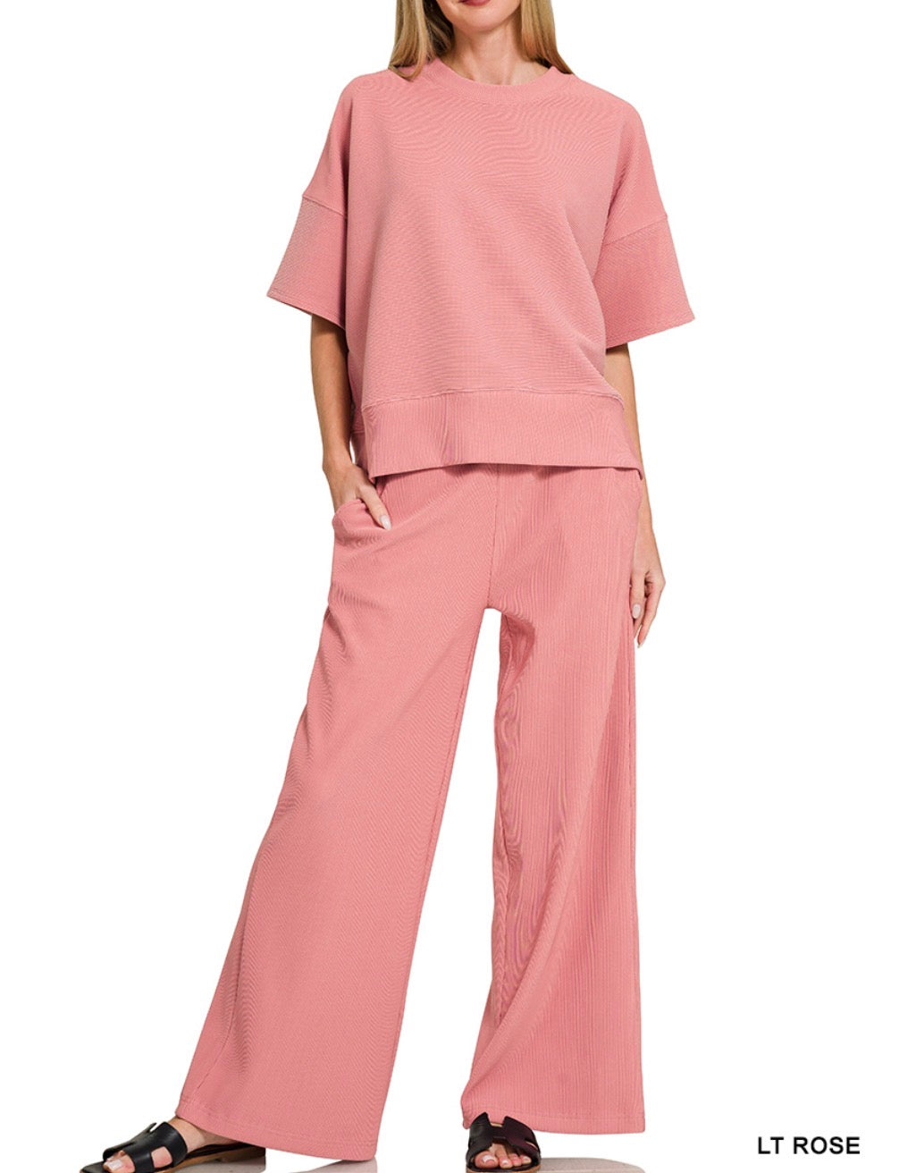 Ribbed Round Neck Pants Set