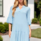 Wrinkle Free Shirred Tiered Relaxed 3/4 Sleeve Dress