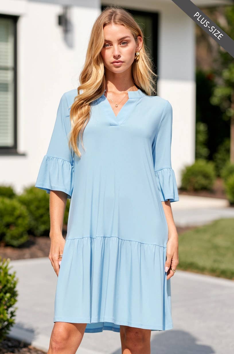 Wrinkle Free Shirred Tiered Relaxed 3/4 Sleeve Dress