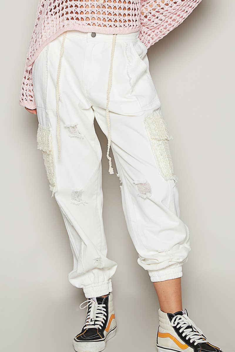 Tie waistband contrast crochet cargo pockets denim joggers