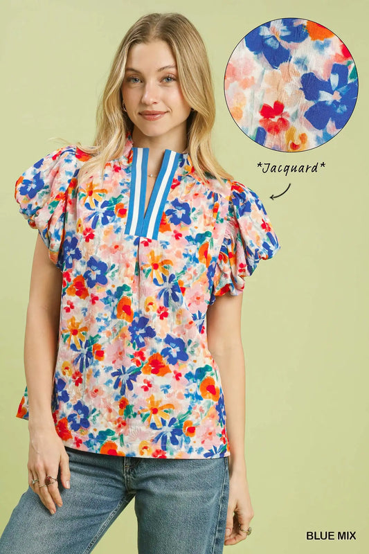 Blue Floral Puff Sleeve Top