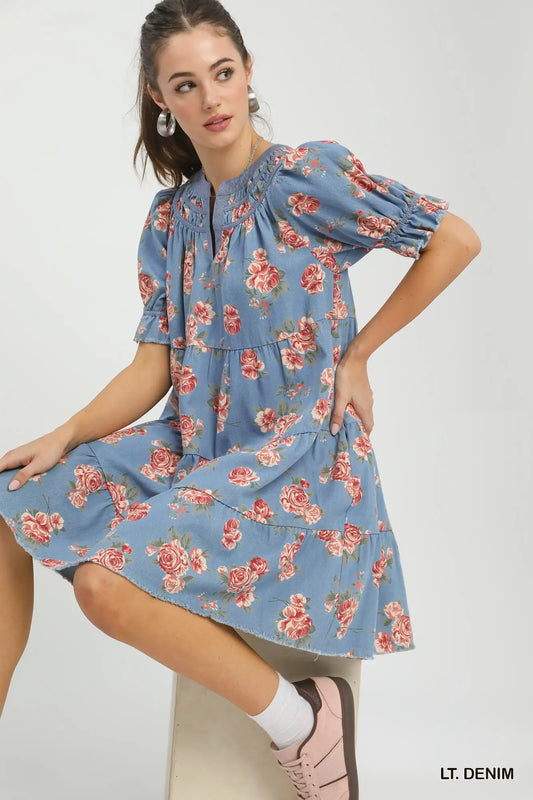 Denim Color Floral Dress