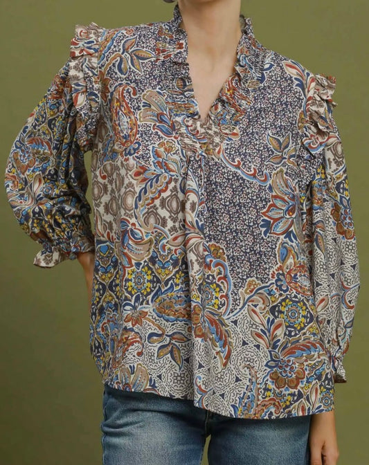 Mix Print Ruffle Detail Blouse