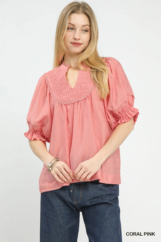 Smocked Yoke Blouse with Ruffle Sleeves