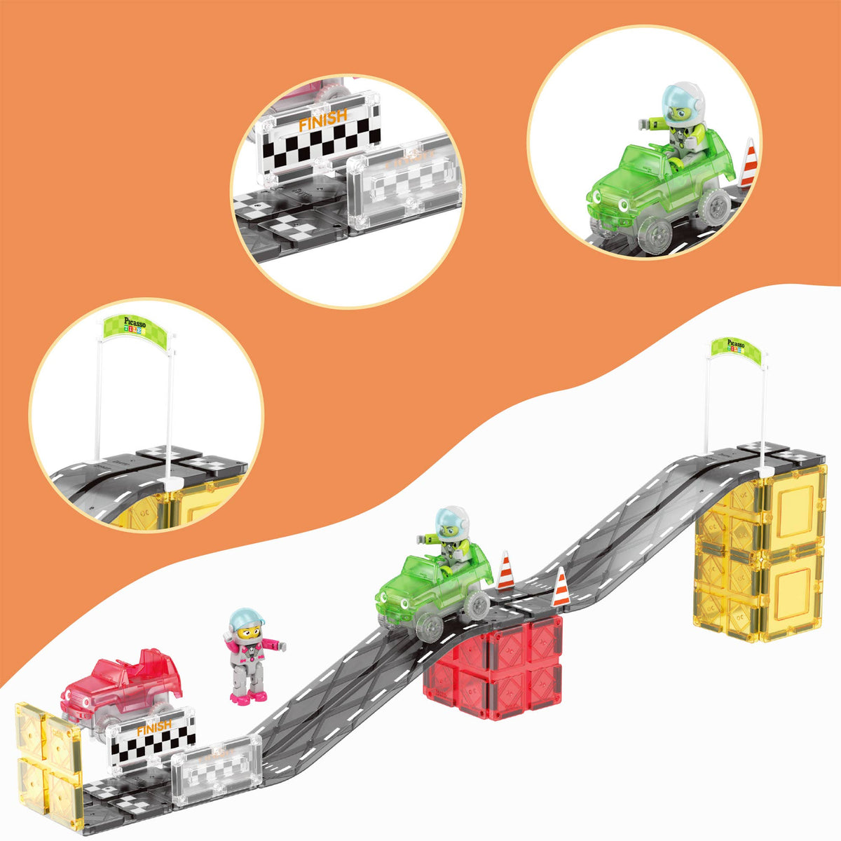 PicassoTiles Race Car Track Slider Racing Building Set