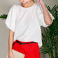 Round Neck Short Bubble Sleeve Woven Blouse Top VT81715B