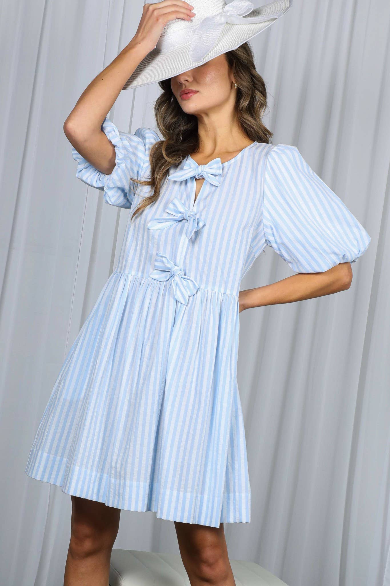 Bow Tie Front Striped Baby Doll Mini Dress VD82683