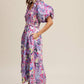 Vintage Flower Print Puff-Sleeve Midi Dress