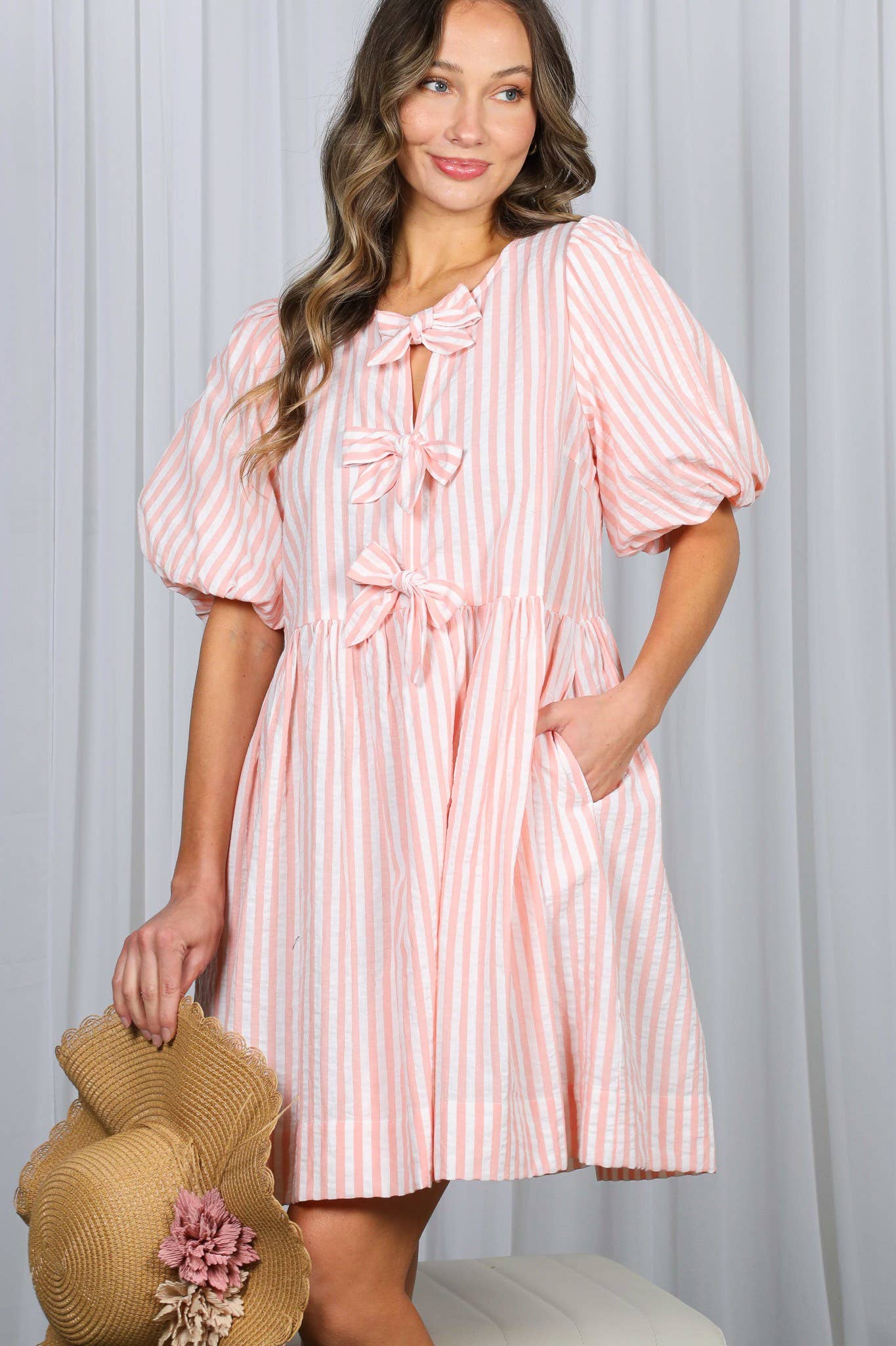 Bow Tie Front Striped Baby Doll Mini Dress VD82683