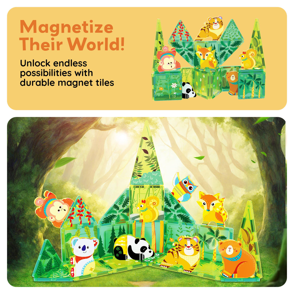 PicassoTiles 26 Piece Forest Animal Magnet Tile Set
