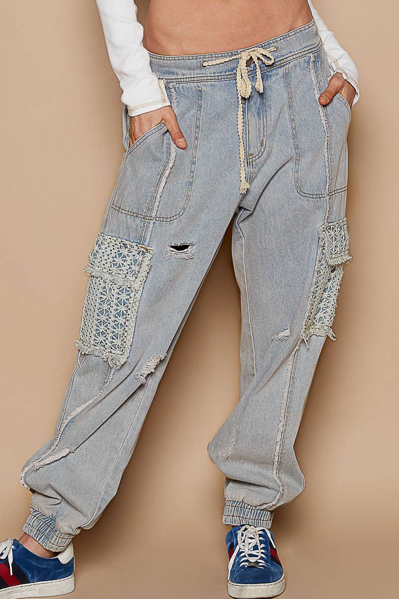 Tie waistband contrast crochet cargo pockets denim joggers
