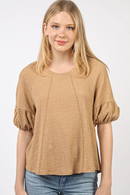 NT11467-Half Puff Sleeve Crinkle Knit Top
