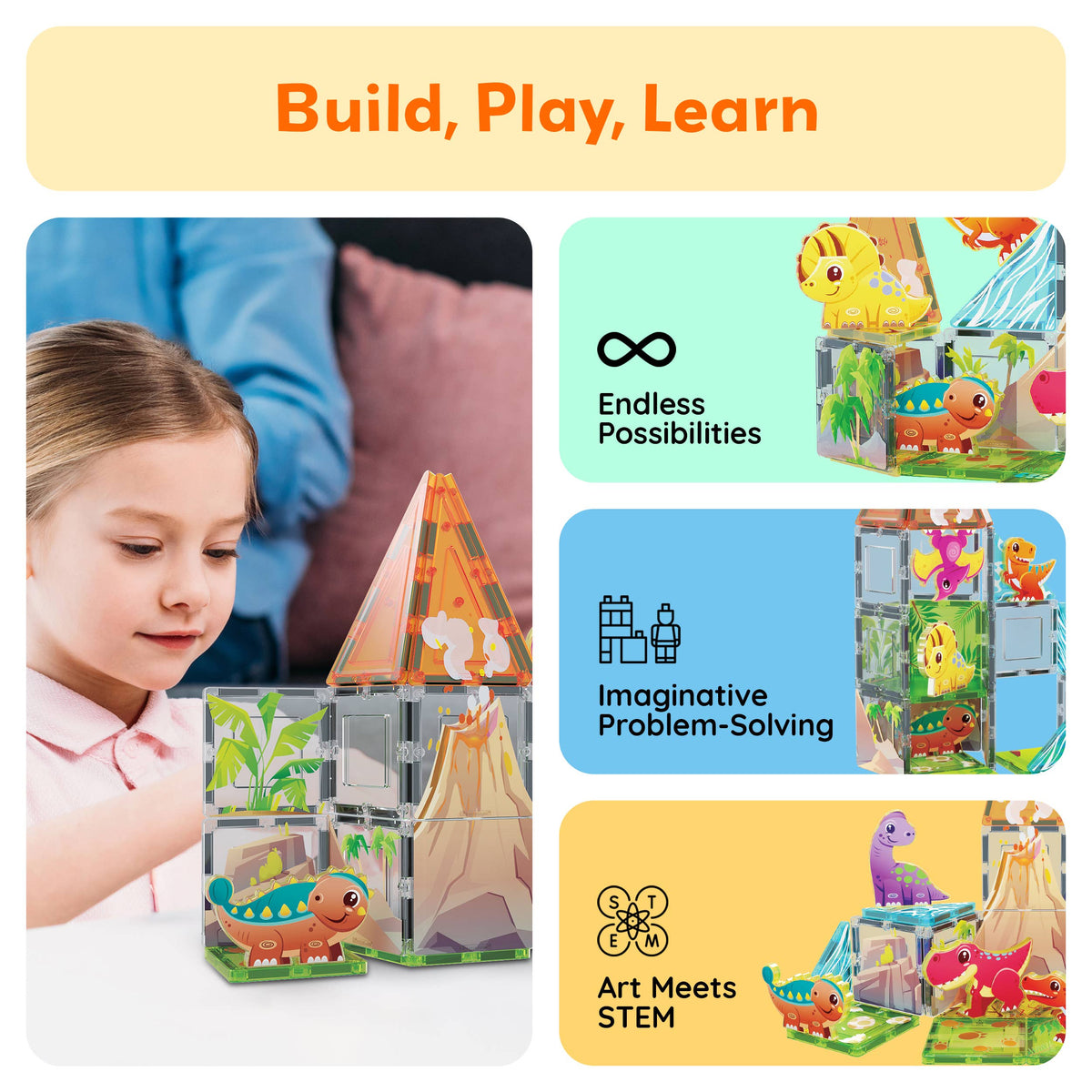 PicassoTiles 38pc Dinosaur Theme Magnetic Tile Building Set