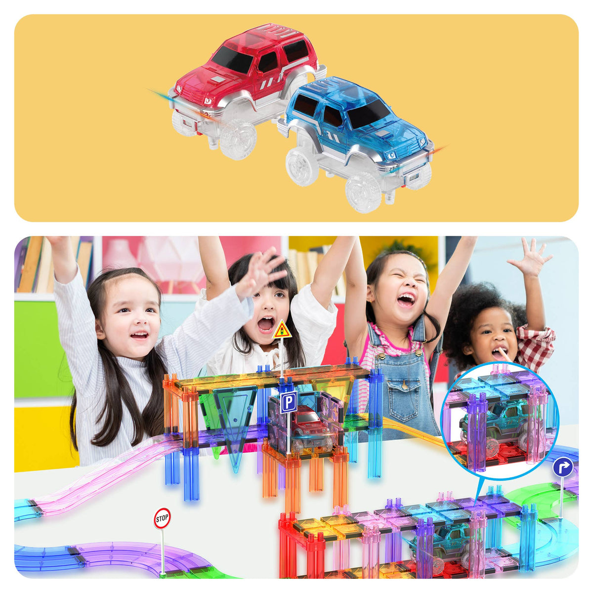 PicassoTiles 2 Pack Cars for Magnetic Race Tracks