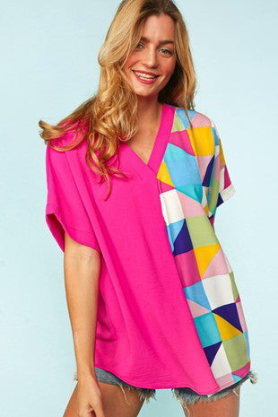 Pink Multi Color Geometric Short Sleeve Top