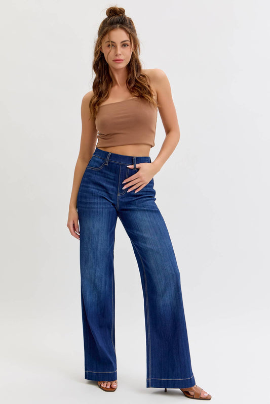 Comfort Dark High Rise Pull-On Wide Leg Denim