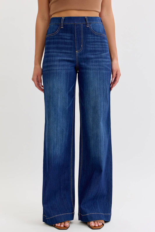 Comfort Dark High Rise Pull-On Wide Leg Denim