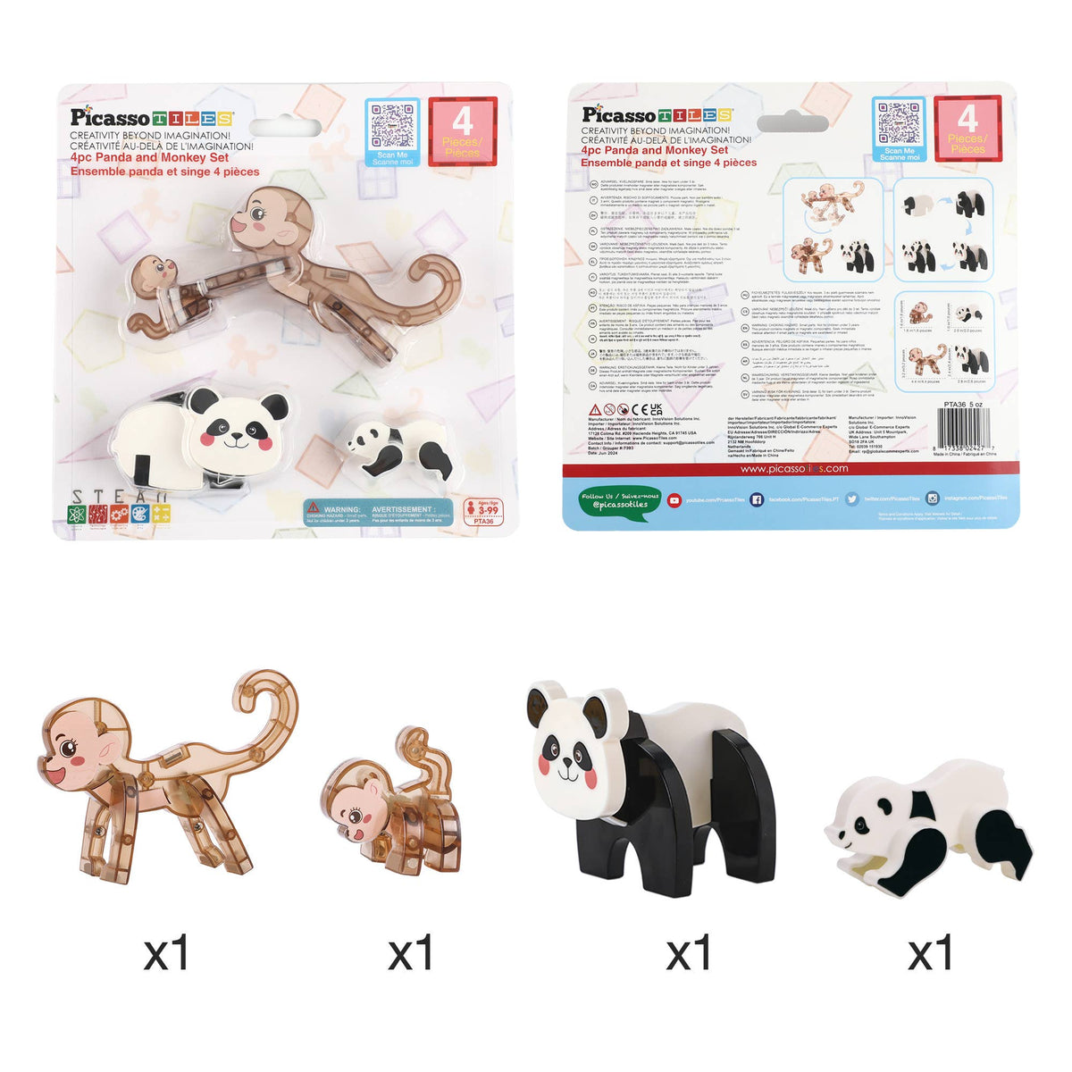 PicassoTiles 4pc Panda & Monkey Magnetic Tile Characters