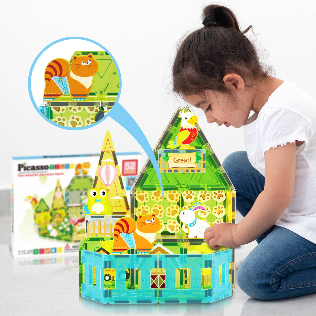 PicassoTiles 52pc Farm Theme Magnetic Tile Building Set