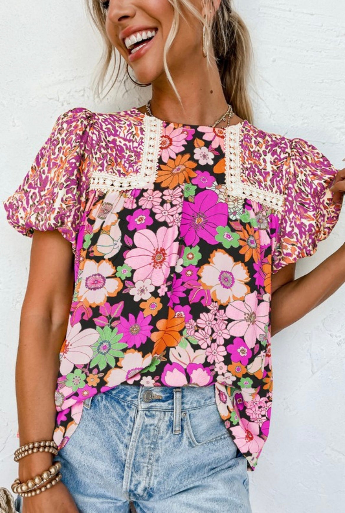 Bubble Sleeve Floral Top