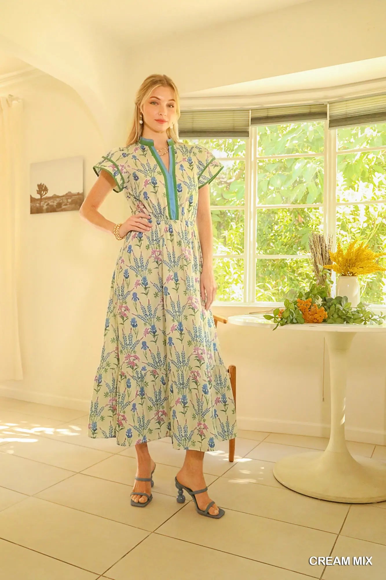 Cream Floral Midi Dress