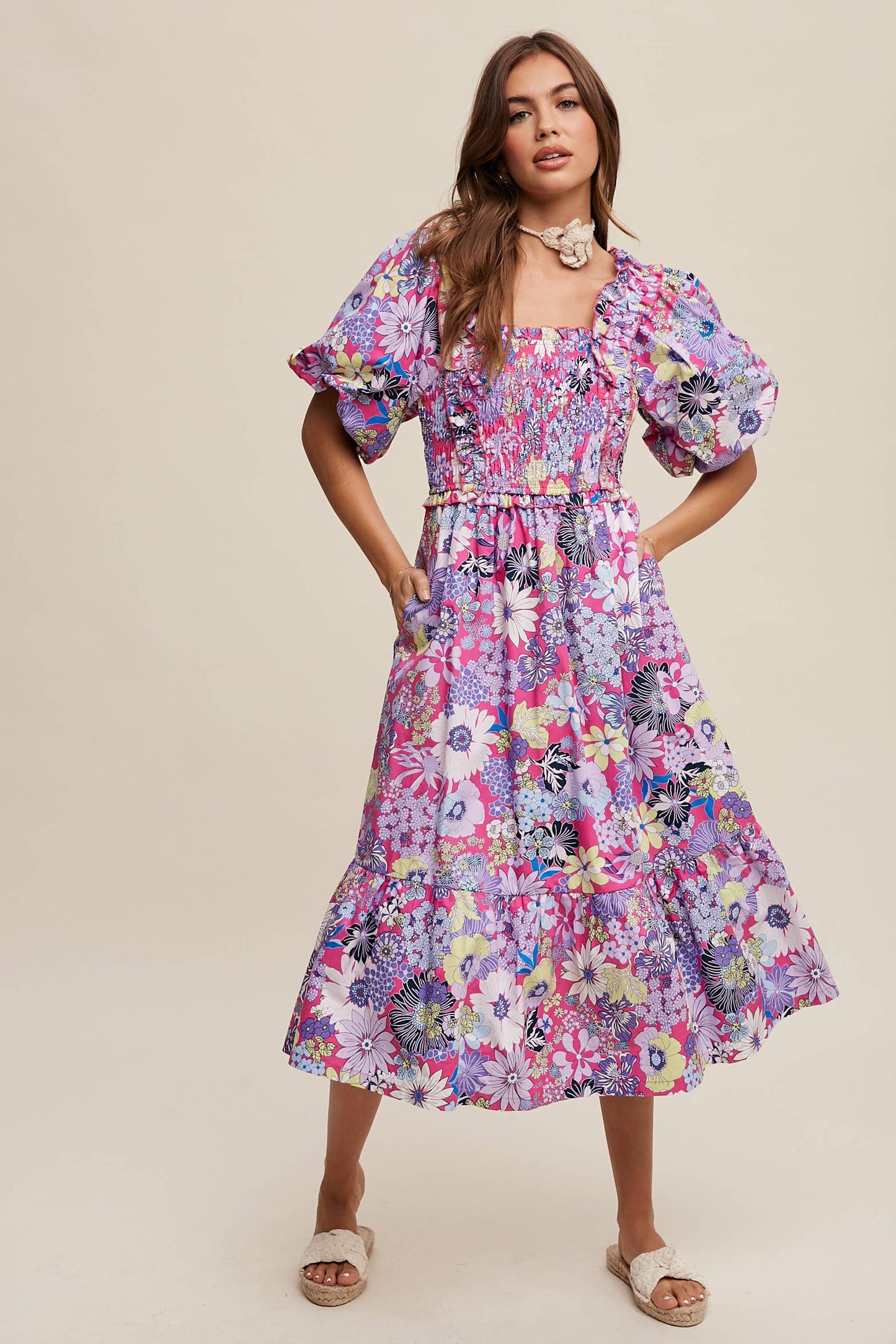 Vintage Flower Print Puff-Sleeve Midi Dress