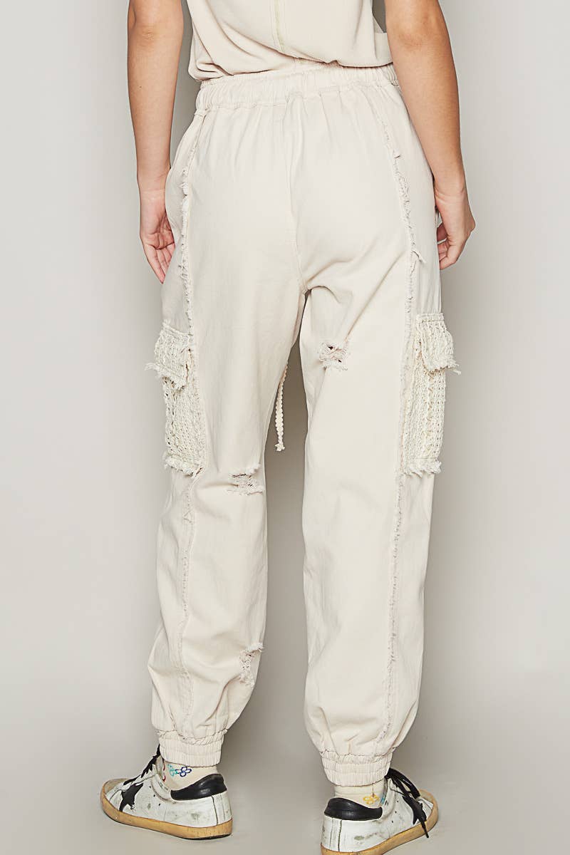 Tie waistband contrast crochet cargo pockets denim joggers