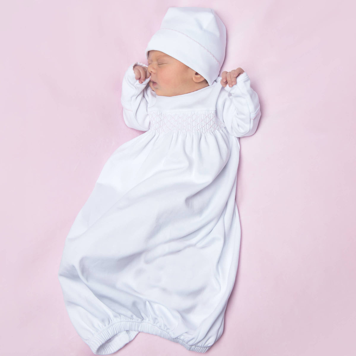 Solid Essentials White Pink Smocked Gown