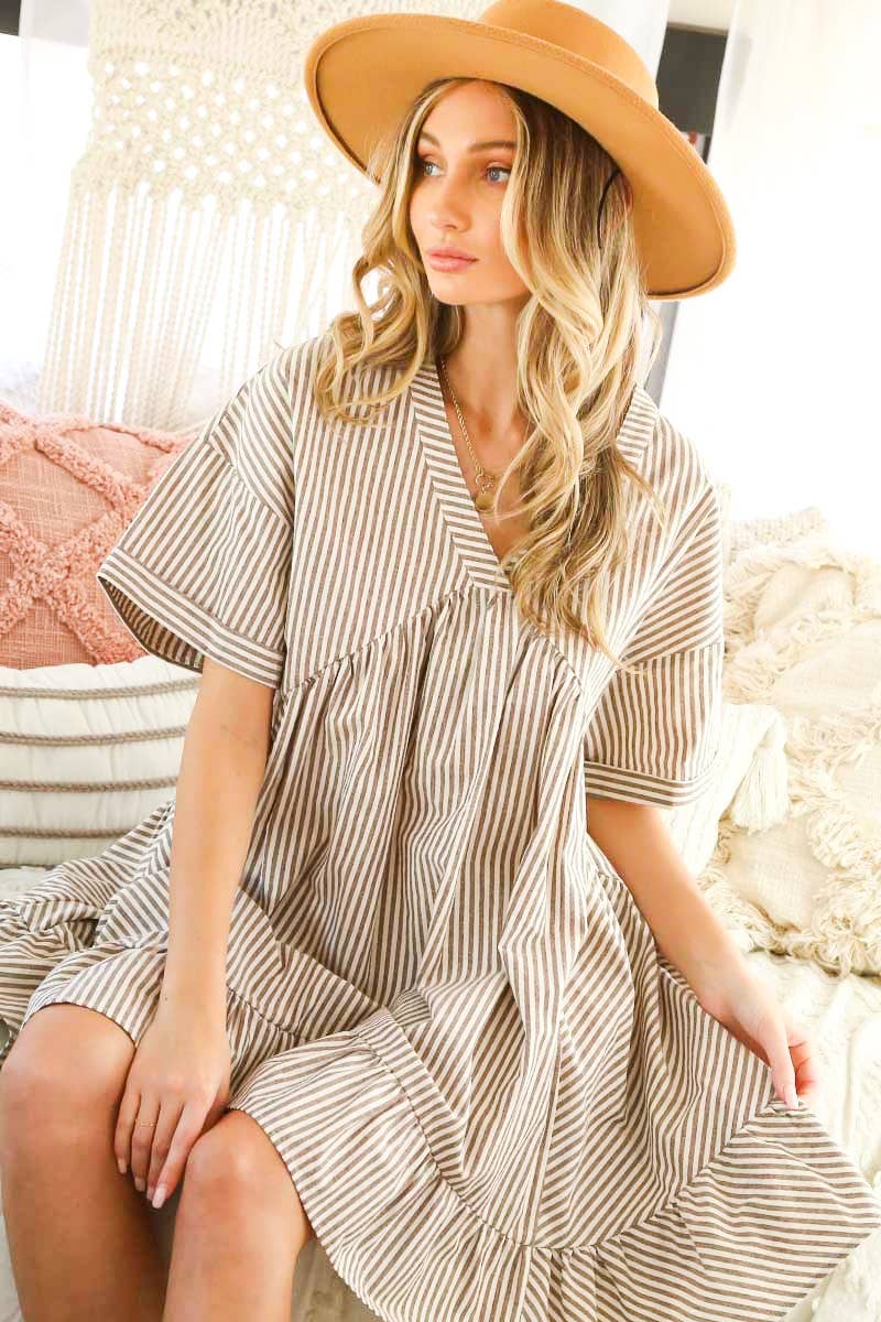 V-Neck Striped 100% Cotton Tiered Woven Dress VD81038