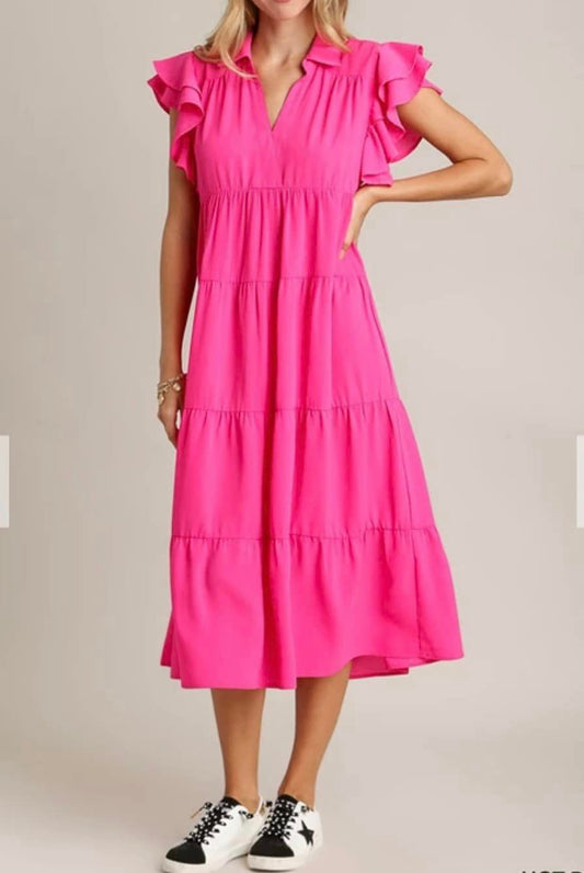 Pink Collard Tiered Midi Dress with Ruffles