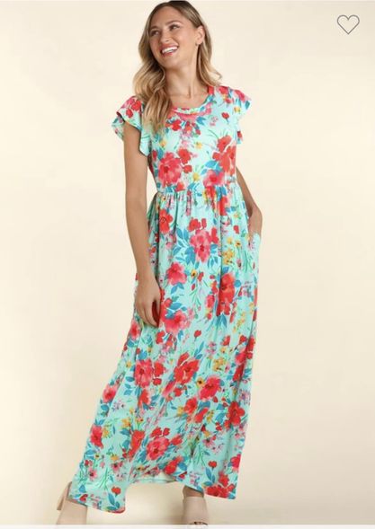 Aqua Floral Fit and Flare Maxi Dress