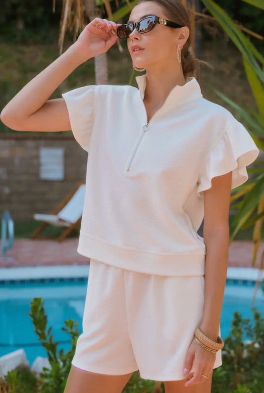 Cream Ruffle Sleeve Top & Short Set