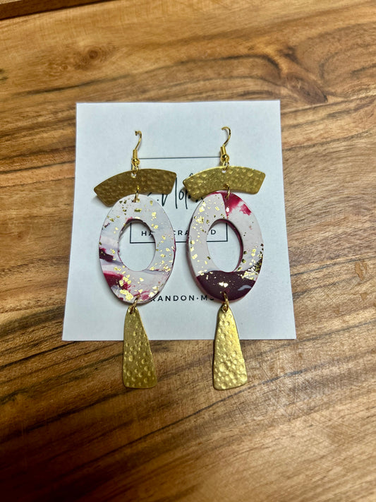 Maroon And White Earrings With Gold Flakes