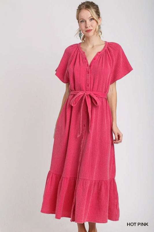 Frilled V-neck Tie Dress