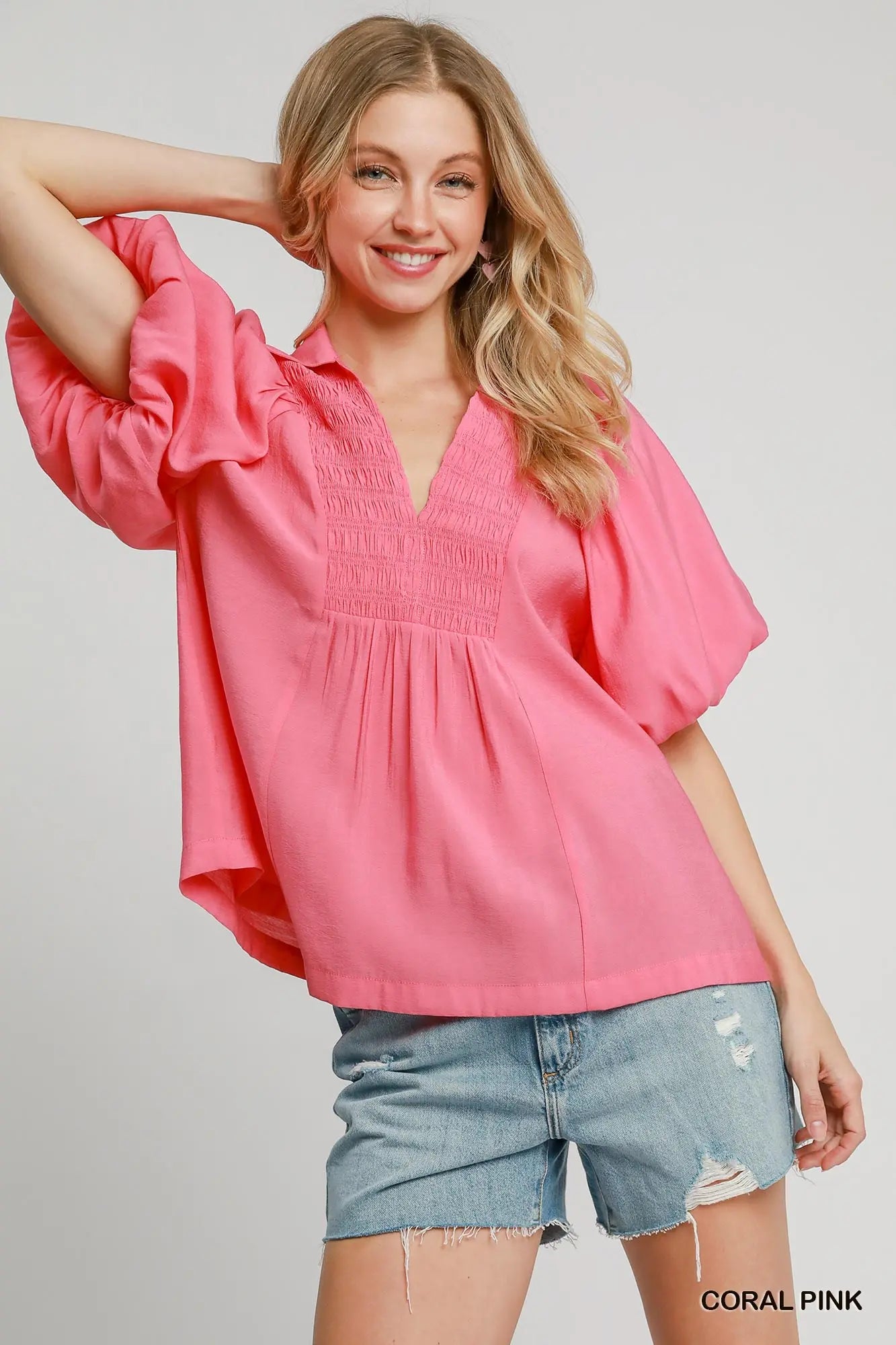 Smocked V-Neck Puff Sleeve Top